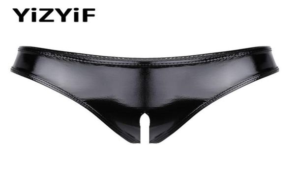 Women039s culottes adultes sous-vêtements sexy femmes érotique chatte trou lingerie noir en cuir verni ouvert entrejambe mini latex slips por3934868