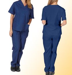 Femmes039s pantalon capris couleur solide unisexe hommes femmes manches courtes v Neck infirmières gommages toppants infirmières travailliers uniformes 6302749
