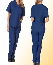 Femmes039s pantalon capris couleur solide unisexe hommes femmes manches courtes v Neck infirmières gommages toppants infirmiers travaillant uniforme ensemble 5004907