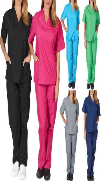 Femmes039s pantalon capris couleur solide unisexe hommes femmes manches courtes v Neck infirmières gommages toppants infirmières travaillant uniforme ensemble 9652858