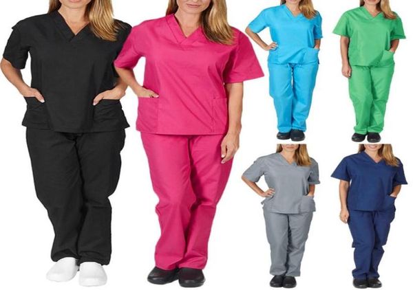 Femmes039s pantalon capris couleur solide unisexe hommes femmes manches courtes v Neck infirmières gommages toppants infirmières travaillant uniforme ensemble 5701608