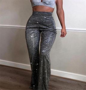 Dames039s broek gloouwachtig sprankelend spleet feest voor dames nachtclubkleding glitter lange broek leggings vrouwelijk mode wijd been1898557