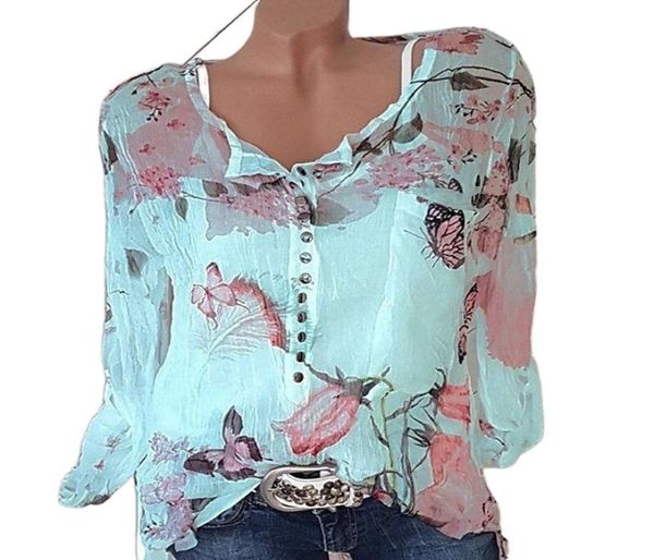 Women039s Tops de talla grande Camisa de blusa Floral Botón Impresión de manga largo