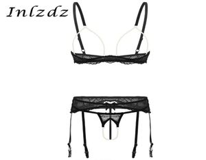 Women039s Sex Lingerie Pak Erotisch Parel Kanten Ondergoed Set Open Cups Bh Top Met Jarretellegordel En Crotchless Gstring Slips B2729035