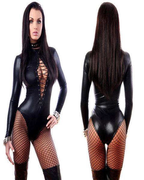 Women039s sexy negro de cuero de vinilo negro trajes eróticos de goma faux faux latex gatsuit carros5900016