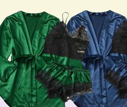 Femmes039s SleepingWear Silk Pyjamas Set Femmes Satin Robes courtes Lingerie Ensembles sexy Kimono Bathrobes Loungewear Home Suit Lady Dres6673571