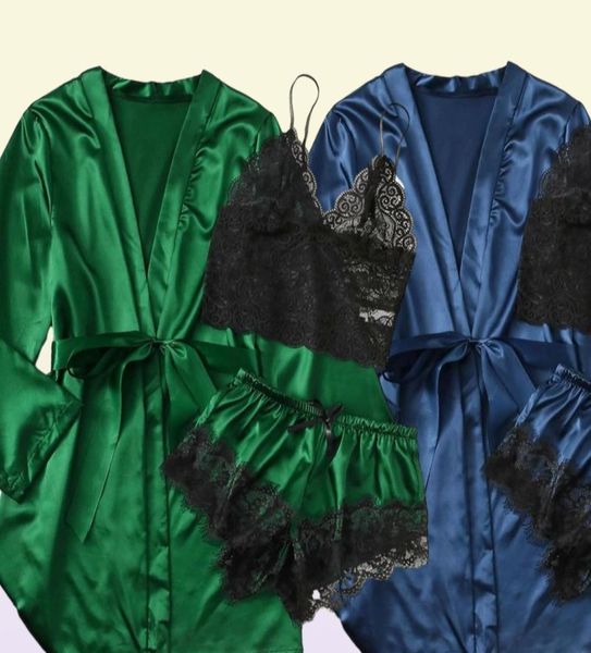 Women039s Vêtements de nuit Pyjamas en soie Ensemble Femmes Satin Robes courtes Ensembles de lingerie Sexy Kimono Peignoirs Loungewear Home Suit Lady Dres5105052