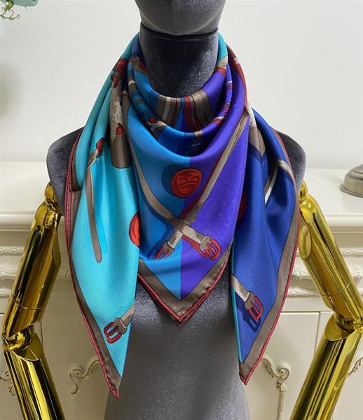 Women039s foulard carré foulards bonne qualité 100 sergé soie matériel bleu mince et doux pinte motif taille 90cm 90cm5543795