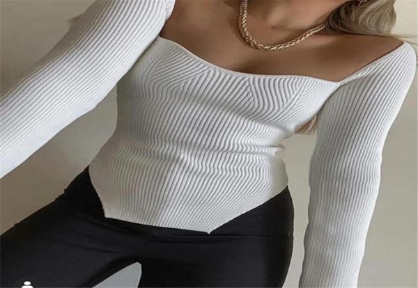 Women039s Sweaters asimétricos de punto blanco Top Damas Sexy Manga larga Medias negras Fashion6209890