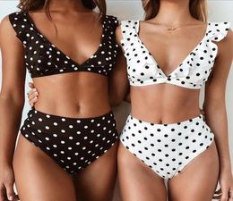 Women039s Swimwear 2021 Rouffled Deep V High Waist Bikini Swimsuit Black and White Polka Twopiece Split Print Sexy Ladies S4572762