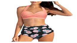 Women039s Swimwear Bikini Swimsuit Cutout taille Deux femmes Vintage Piece Retro Halter Rucched High Print Set2621770