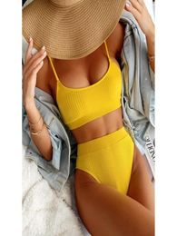 Dames039S Swimwear High Taille Bikini Swimsuit Women 2022 Yellow Biquini Push Up Triangle Bikini Ribbed Bathing Suits Beachwear1114521