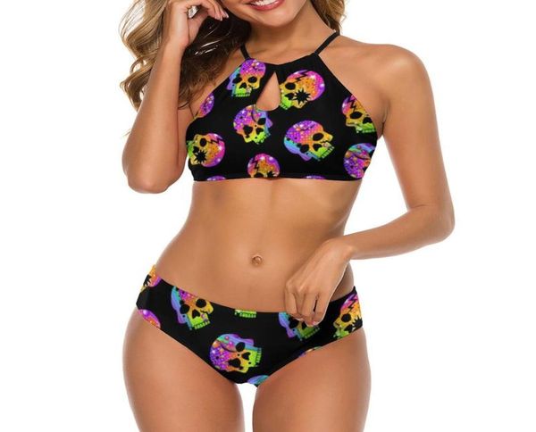 Women039s Traje de baño Sugar Skull Bikini Traje de baño Halloween Calaveras Arte Pierna alta Moda Moda Rave Dos piezas Pecho grande Baño Su1254425