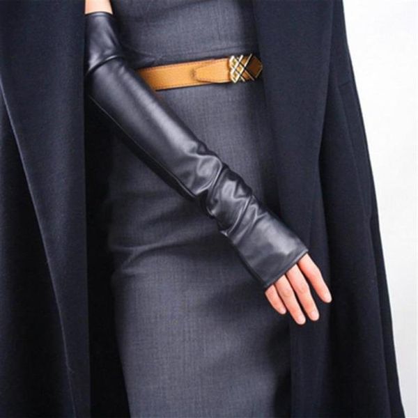 Women039s Thin Long Fingerless Pu Leather Driving Guantes Invierno Cálido Medio dedo Brazo Manga Nightclub Show Touch Screen Mitten 867238E