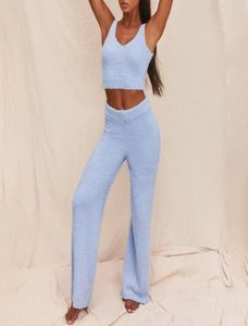 Femmes039s Tracksuits Femmes Sexy 2 pièces Fuzzy Pluxes Tenues Vneck Backless Crop Top Long Pantal