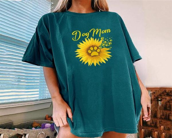 Women039s Camiseta DOG MOM Sun Flower Camiseta divertida para mujer Hombro caído Camisetas gráficas sueltas de verano Camisa Femme Hip Hop Tops Clothe2595539