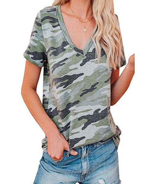 Women039s t-shirt t-shirts été femmes t-shirts décontracté col en V à manches courtes chemise léopard camouflage motif haut Simplicity3705853