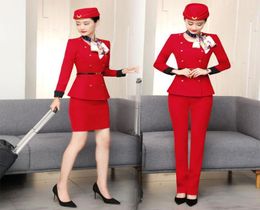 Dames039s tweedelig broek Izicfly -stijl rode luchtvaartmaatschappij Stewardess kleding vrouwen broekpak el reception spa restaurant serveerster uni7485854