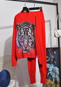 Femmes039s Pantalons en deux pièces en tricot en tricot rouges Set Femmes 2pc Automne Fashion Sequins Tiger Long Sweater Crayon Crayon Out4469534