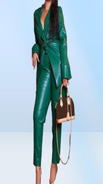 Dames039s tweedelig broek vintage mode pu lederen tracksuit groot formaat veter omhoog 2 outfits donkergroen faux jas suit sweatsu8934537