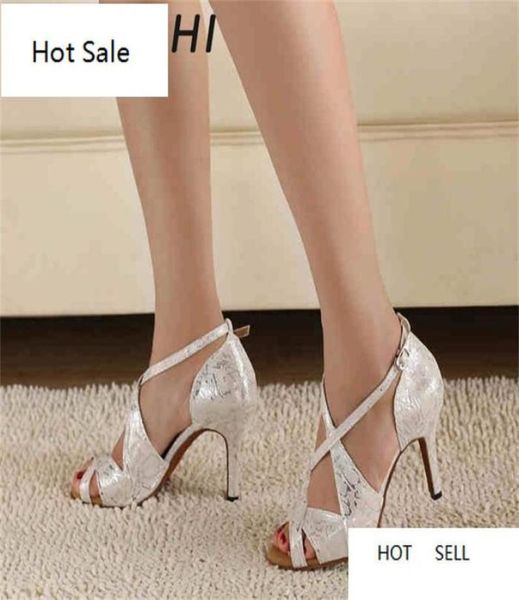 Femmes039s White Satin Léopard Latin Dance Chaussures Spot entier Salsa Party Square Dance chaussures hautes talons 85cm4455304