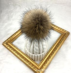 Femmes039s Hiver en tricot-tricot avec un vrai renard en peluche chaude gros pom chapeaux de neige amovibles pom4465653