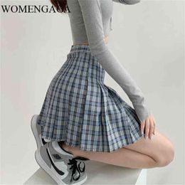 Womengaga Amerikaanse sexy jk plaid geplooide mini rok meisje herfst winter tonen dunne A-lijn college stijl hoge taille Q85A4 210603