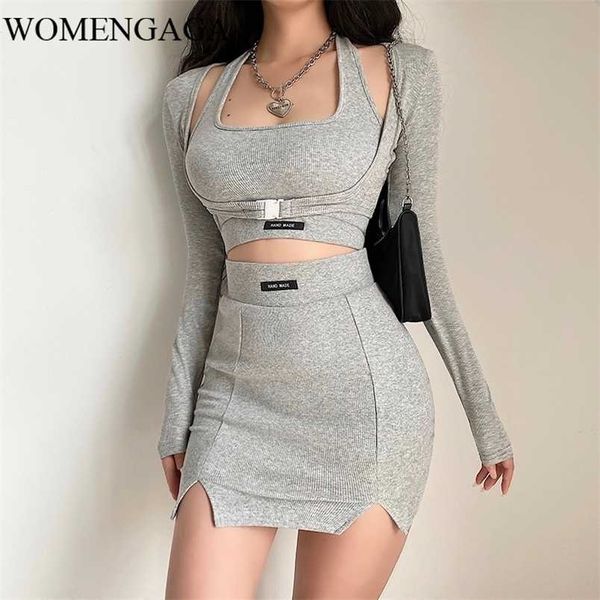 WOMENGAGA automne Sexy serré à manches longues hauts t-shirt nombril suspendu cou gilet réservoir + taille haute hanche Mini jupe ensemble 99T1 211109