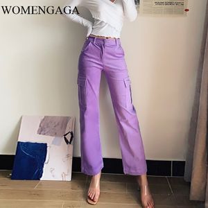 WOMENGAGA Velours Côtelé Femmes Taille Haute Pantalon Large Décontracté Tuyau Droit Lâche Violet 9ZTV 210603