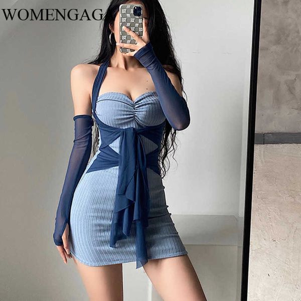 WOMENGAGA Europe Sexy Gaze Dentelle Bustier Cou Serré Tube Mini Robe Hanche Mince Pleine Manches Bandage Maille Arc Automne 8A9E 210603