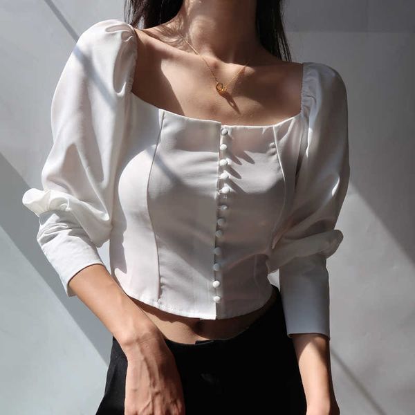 WOMENGAGA, camisa corta de manga larga con cuello cuadrado francés de un solo pecho, blusa ajustada de manga abullonada de otoño para mujer CJIB 210603