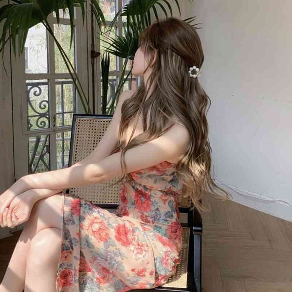 WOMENGAGA French Sweet Floral Tank Strap Dress In Summer Tops Korean Sexy Beach Style Robes Rose Y2k Vêtements RL8Z 210603