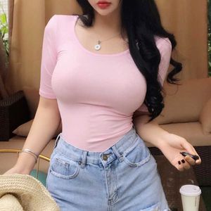 WOMENGAGA coréen haut d'été mince Sexy serré coton à manches courtes t-shirt pour les femmes t-shirt maigre rose 2UGZ 210603