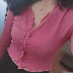 Womengaga kant ruche rood roze breien v-sexy korte t-shirt volledige mouw zoete Koreaanse vrouwen Tees zomer tops S8SB 210603