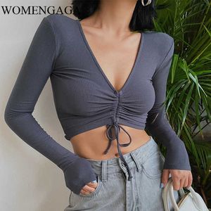 WOMENGAGA Sexy de corte bajo con cuello en V cordón de manga larga camiseta Base Tops para niñas tejer HJLO 210603