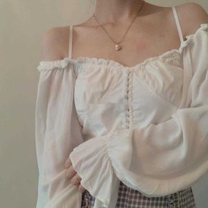 Womengaga Spring French Korean White Front Top Exposed Sleutelbeen Hart Machine Lange Mouw Korte Shirt Blouse F8V 210603