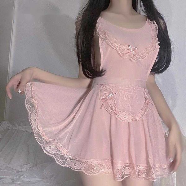 WOMENGAGA dulce rosa mucama encaje hasta vendaje sexy espalda descubierta volantes malla mujeres coreanas tanque mini vestido vestidos 251M 210603