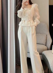 Femme 2 Pant set blanc deux pièces sets pantalon pour femme à jambe large pantalon de fête costume de blazer et de tenues de vêtements chics 240428