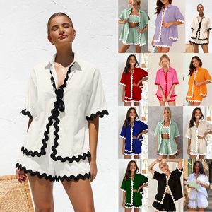 Dames 2 -delige outfits Beach Vacation Summer Summer Short Sleeve Button Down Shirts en Shorts Lounge Sets 2404052