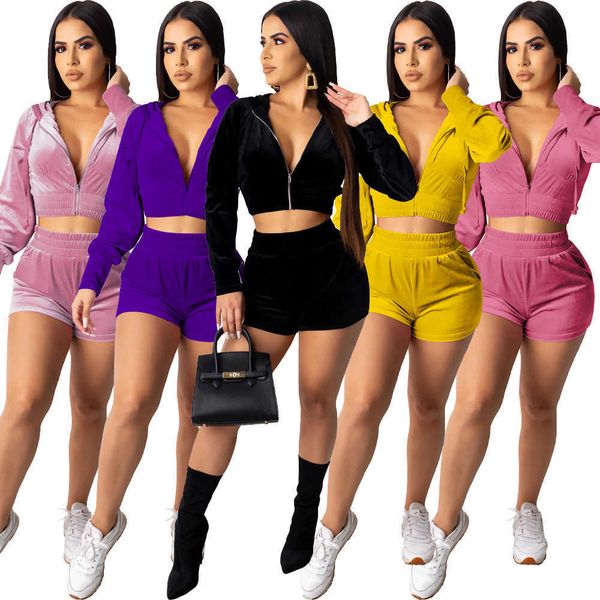 Mujeres 2 piezas Chándales Diseñador Coreano Color sólido Terciopelo Con capucha Moda Ropa casual Club Sexy Manga larga Pantalón corto Ropa deportiva