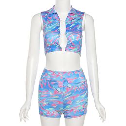 Womens 2 stuks sport outfit-mouwloze bodycon korte broek set camouflage tie dye casual trainingspak blauw maat (S M L)