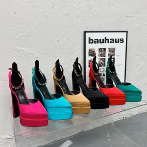 Femmes 2022 mode sandale pointu Double plate-forme pompe chaussures élégant haut bloc talon en cuir véritable cristal bride à la cheville