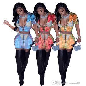 Conjunto de impresión Digital 3D para mujer, falda corta de manga corta con cremallera, trajes de moda de dos piezas, verano 2023