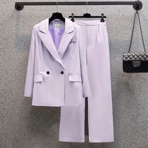 Dames 2024 lente/zomer vrije tijd Pioneer jas bijpassende set Koreaans elegant paars jasje + wijde pijpen broek tweedelige set 240312