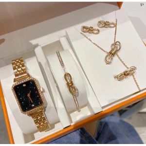 5 juegos para mujer con reloj, collar, pulsera, pendiente, anillo, caja de regalo, relojes de pulsera rectangulares para damas, regalos de Navidad, regalo del día de San Valentín, relojes de diseño de lujo