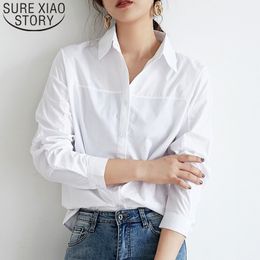 Womens and Blouses Dames Lange Mouw Wit Blouse Shirts Dames Tops Button Solid Female V-hals Blusas 5270 50 210415