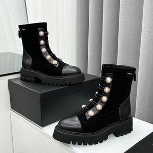 Dames enkellaarzen Designer Suède Echt leer Veters Imitatieparel Dikke hakken Motor Ridder Snowboots Dames Ritsen Vrijetijdsschoen Retro Zwart Vrijetijdsschoen