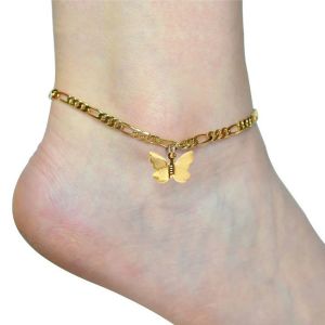 Bracelet de cheville pour femmes, bijoux de plage, chaîne Figaro en or jaune 14 carats avec pendentif en forme de cœur, bracelets de cheville pour femmes