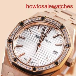 Womens AP Wrist Watch 77351or Disque blanc Disque extérieur Diamond 18K Rose Gold Royal Oak Womens 34 mm Rose Gold