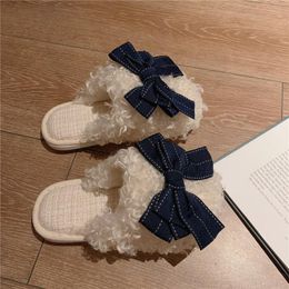 Zapatillas de algodón con fondo suave para mujer, decoración de lazo marrón gris y marrón, para ocio, hogar, dormitorio, cálido y bonito, otoño e invierno